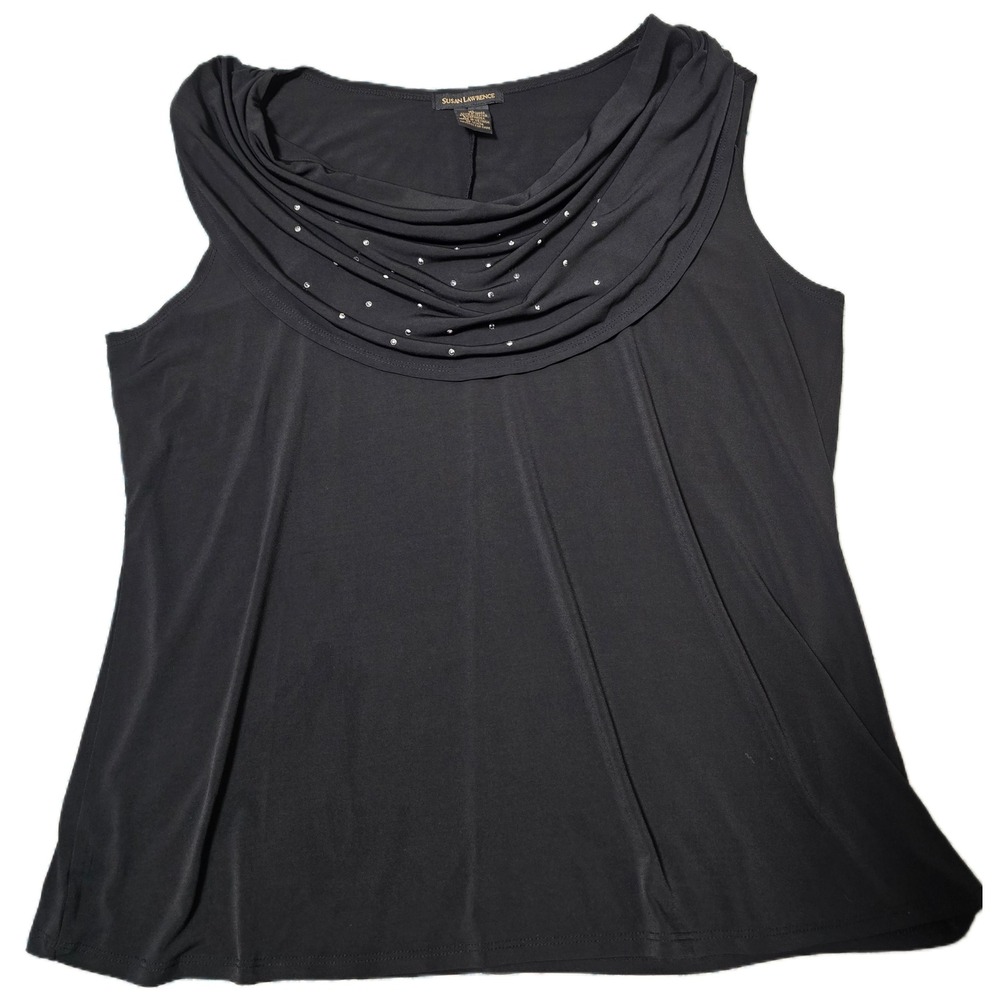 Susan Lawrence Black Sleeveless Cowl‎ Neck Rhinestone Tank Top (F)